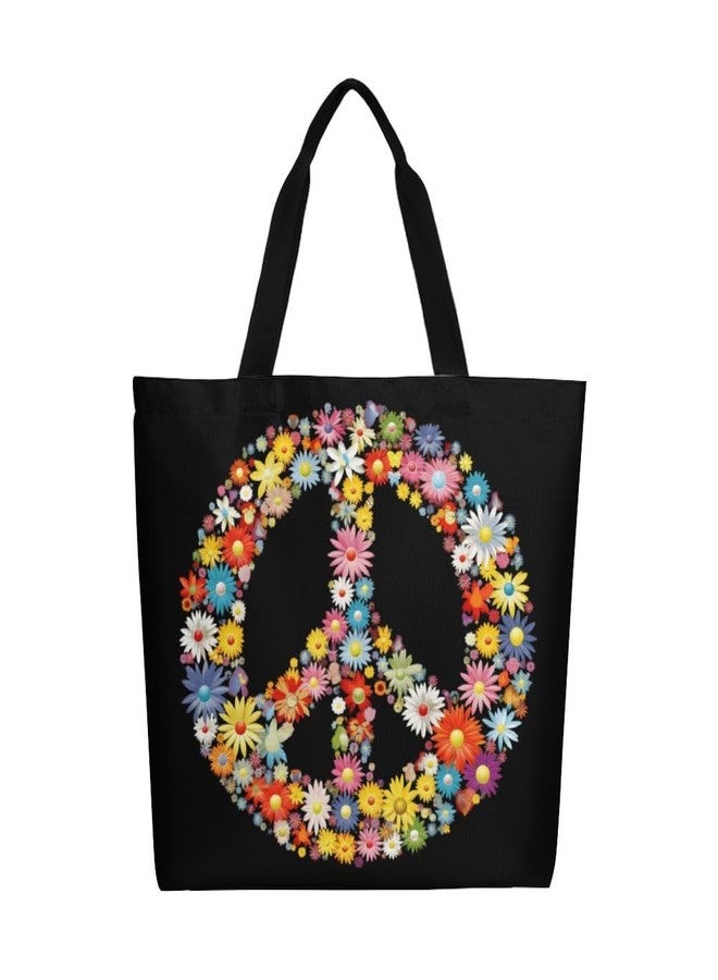 Muishi Hippie Flowers Daisies Peace Sign Canvas Tote Bag Large Women Casual Shoulder Bag Handbag Reusable Beach Shopping Grocery Bag For Outdoors - Image 1